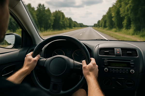 Conducteur tenant le volant d’une voiture, vue depuis l’intérieur, roulant sur une route droite bordée d’arbres.